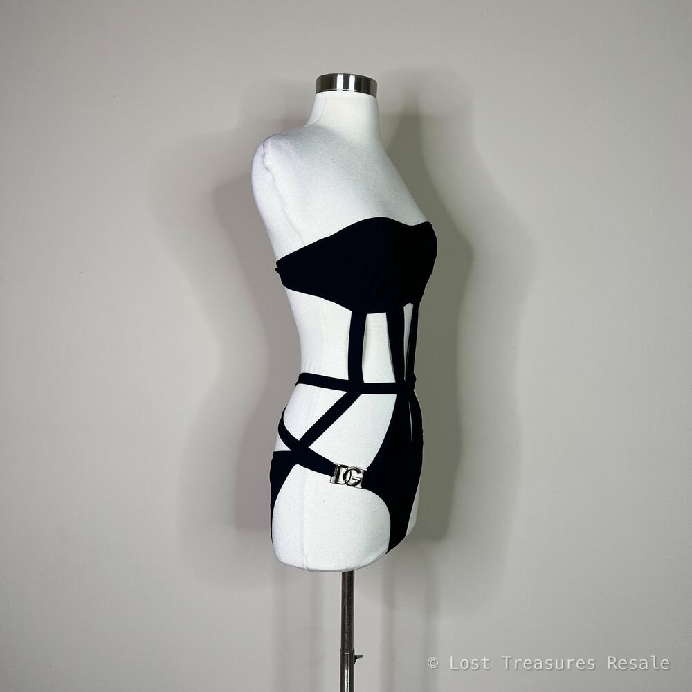 Dolce & Gabbana | Strappy Gold Logo Black Bandeau Designer One Piece Swimsuit M - Picture 5 of 13